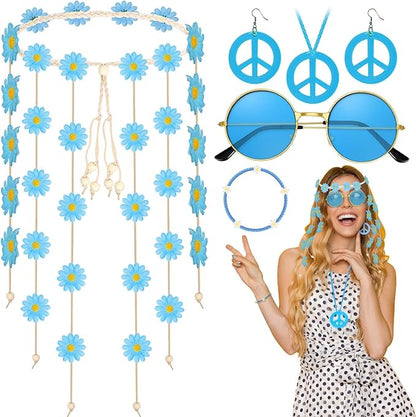 6 Pcs Hippie Costume Accessories Set, Flower Hippie Headband Boho Peace Sign Necklace Earrings Sunglasses Bracelet