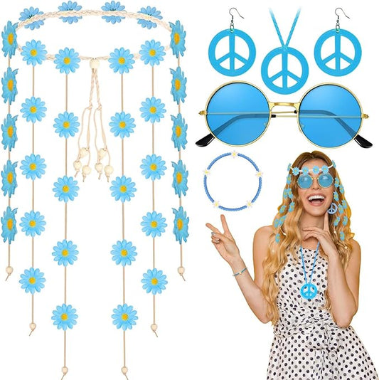 6 Pcs Hippie Costume Accessories Set, Flower Hippie Headband Boho Peace Sign Necklace Earrings Sunglasses Bracelet