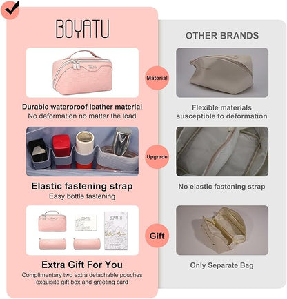 BOYATU Travel Makeup Bag Organizer Cosmetic Bag: 3 Pcs Set Make up Bags for Women with Handle - Waterproof Vegan Leather Toiletry Bags Travel Essentials Pouch with Compartments (C-05-Pink)