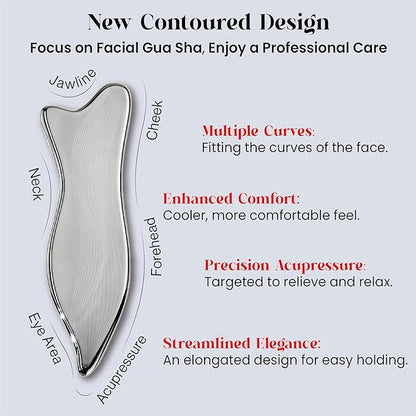 Rena Chris Stainless Steel Gua Sha Facial Tools - Acupressure & Gua Sha for Face Massage, Jawline Sculpting, Puffiness Reduction, Skin Care Tool (Silver)