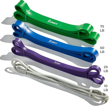 Sunny Health & Fitness Versatile Resistance Bands (Single or Combo Set) for Strength Training, Power Cage, Squat Rack, Home Gym, Body Stretching, Physical Therapy – 100, 140, 160, 180 & 10-75 LB Combo