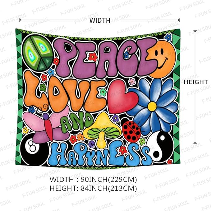 F-FUN SOUL Peace Love and Happiness Tapestry, 90x84inches, Mushroom Psychedelic Tapestries 70s Theme Tapestry Wall Hanging for Bedroom Living Room Decor GTZYFS957
