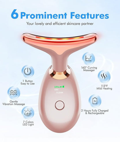 Red Light Therapy for Face and Neck, 7 Color Face Massager Tool for Wrinkles, Double Chin, Vibrating Facial Massager with Thermals for Skin Care, Rose Gold