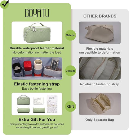 BOYATU Travel Makeup Bag Organizer Cosmetic Bag: 3 Pcs Set Make up Bags for Women with Handle - Waterproof Vegan Leather Toiletry Bags Travel Essentials Pouch with Compartments (C-06-Green)