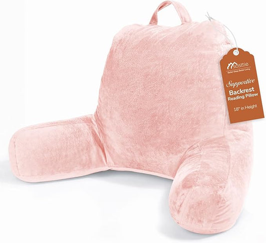 Sasttie Reading Pillow, Velvet Back Pillow for Bed Sitting Up, Adult Back-Rest Support Cushion with Arms for Sit Up on Couch, Sofa, and Floor, Dorm Essentials, Reading Accessories, Peach
