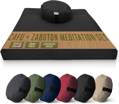 Meditation Cushion Mat Set HEMP - Round Zafu Floor Pillow Organic Buckwheat Pillow + Cotton Filled Zabuton Prayer Pad - Meditation Pillow Yoga Knee Pad - Made in USA - 14" Round, BLACK Hemp
