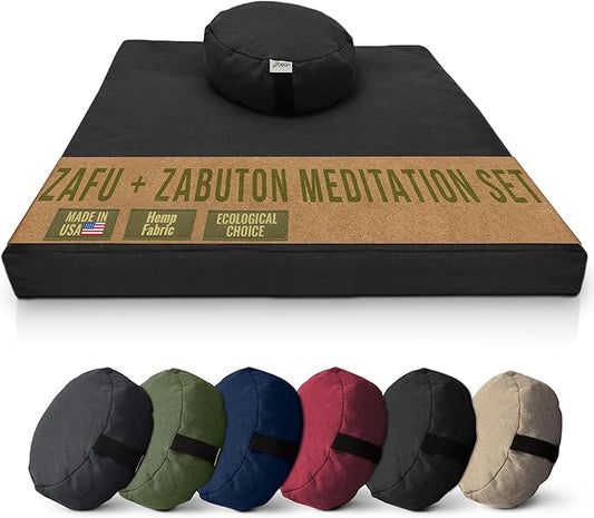 Meditation Cushion Mat Set HEMP - Round Zafu Floor Pillow Organic Buckwheat Pillow + Cotton Filled Zabuton Prayer Pad - Meditation Pillow Yoga Knee Pad - Made in USA - 14" Round, BLACK Hemp
