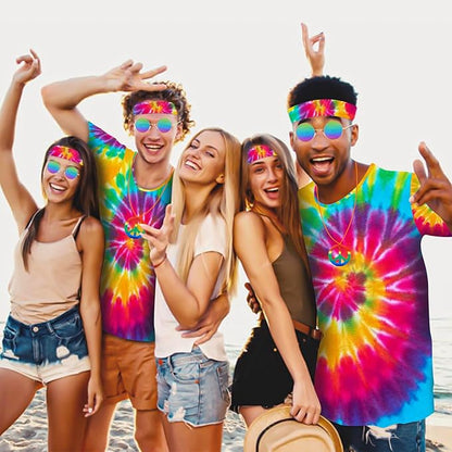Hippie Costume for Men Women 4PCS Mens 60s 70s Outfit Set Colorful Hippie Shirt Sunglasses Headband Peace Necklace