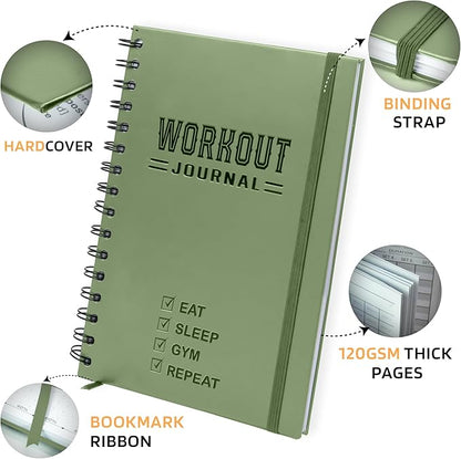 Hardcover Fitness Planner Workout Journal for Women & Men - Undated A5 Sturdy Workout Notebook to Track Gym & Home Workouts - Green Separately Packaged 2 Pieces