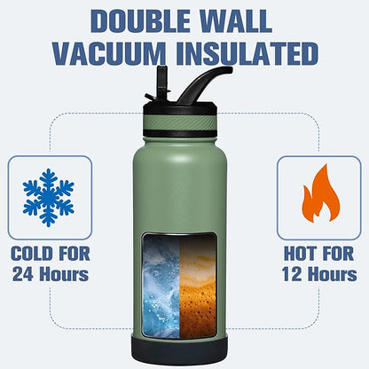 OLDLEY 32 oz Insulated Water Bottle With Straw, Stainless Steel Sports Water Cup Flask with 3 Lids(Straw, Spout and Handle Lid) Double Walled Travel Thermal Canteen Mug,Army Green