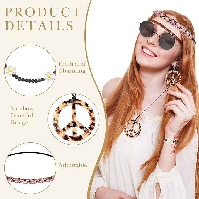 Batiyeer 6 Pcs Hippie Costume Accessories Set, Boho Peace Sign Daisy Flower 60s 70s Party Favors Decor for Groovy Party Women