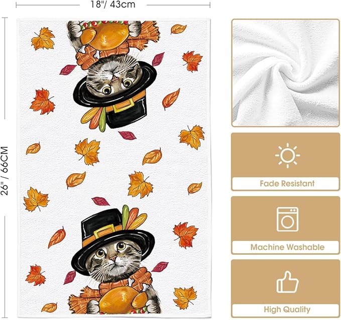 Artoid Mode Cat Turkey Happy Thanksgiving Kitchen Towels Dish Towels, 18x26 Inch Fall Leaves Decoration Hand Towels Set of 2