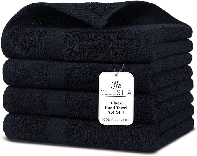 100% Cotton Hand Towel Set of 4, (16 x 28 inches) Sustainable, Soft, Highly Absorbent, Quick Drying, Combed Cotton Hand Towels Pack of 4 Ideal for Hotels, Spa, Bathroom, Dorm, Black