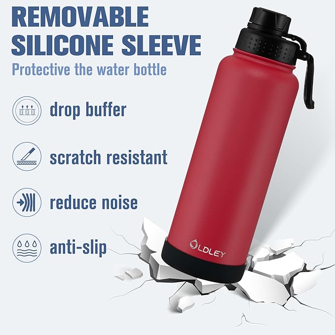 OLDLEY 40 oz Insulated Water Bottle With Straw, Stainless Steel Sports Water Cup Flask with 3 Lids(Straw, Spout and Handle Lid) Double Walled Travel Thermal Canteen Mug,Fire Red
