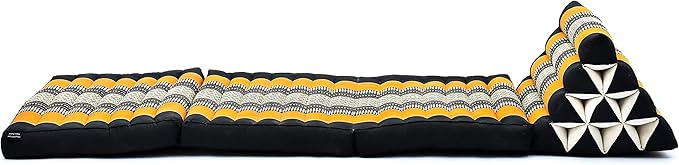 Leewadee 3-Fold Mat with Triangle Cushion – Comfortable TV Pillow, Foldable Mattress with Cushion Made of Eco-Friendly Kapok, 67 x 21 inches, Black Orange