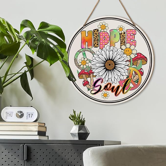 Hippie Peace Sign Wall Decor, Hippie Peace Sign for Front Door Home Living Room Bedroom, Peace and Love Sign, Boho Hippie Peace Round Wood Hanging Signs Decorations, Hipple Soul