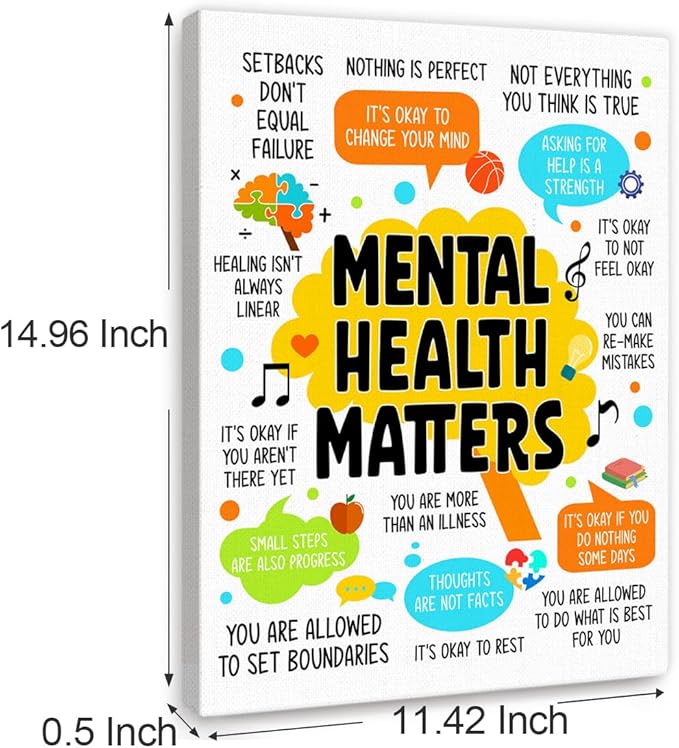 YEOION Mental Health Matters Wall Decor,Therapy Office Mental Health Wall Art Canvas Framed Poster Print for Calming Corner Classroom School Counselor Wall Decor 12 x 15 in