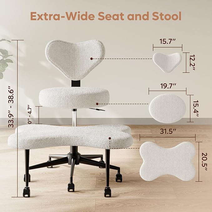 Ergonomic Cross Legged Chair, 360° Swivel Meditation Chair with Wheels, Height Adjustable Seat for ADHD, Strong Lumbar Support, Chic Home Office Furniture, Teddy Fabric, Off White