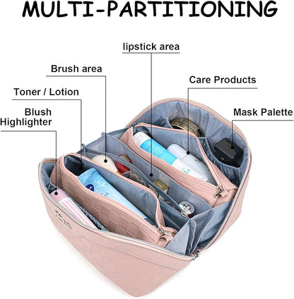 BOYATU Travel Makeup Bag Organizer Cosmetic Bag: 3 Pcs Set Make up Bags for Women with Handle - Waterproof Vegan Leather Toiletry Bags Travel Essentials Pouch with Compartments (C-05-Pink)