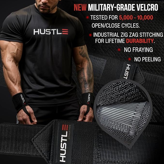 Hustle Athletics Wrist Wraps for Weightlifting – Max Wrist Support for Safe & Heavy Lifts, USPA Approved 18" & 12" Lengths, Thumb Loop Gym Straps for Powerlifting & Weight Lifting for Men and Women