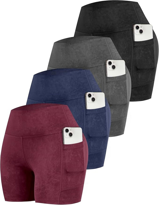 CHRLEISURE Womens Biker Yoga Shorts with Pockets: High Waisted Tummy Control Spandex Workout Athletic Gym Shorts 4 Packs