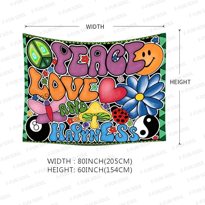 F-FUN SOUL Peace Love and Happiness Groovy 80x60in Soft Flannel Tapestry, 70s Theme Party Wall Hanging for Bedroom Living Room Decor GTZYFS194