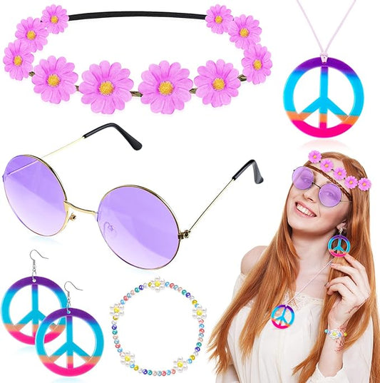 Batiyeer 6 Pcs Hippie Costume Accessories Set, Boho Peace Sign Daisy Flower 60s 70s Party Favors Decor for Groovy Party Women