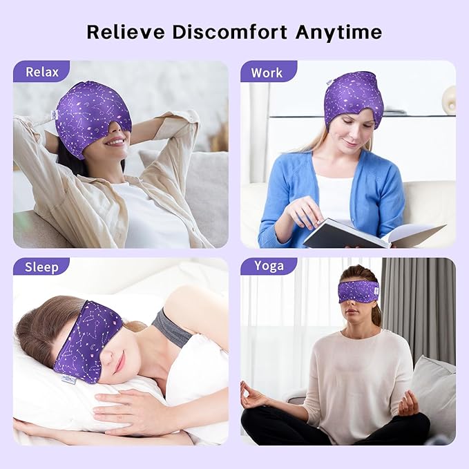 Migraine Relief Cap, Gel Cooling Eye Mask 2 Pack Set, Headache Relief with Hot/Cold Ice Cap, Instant Headache Relief, Reusable Ice Pack for Stress Relief Migraine Mask