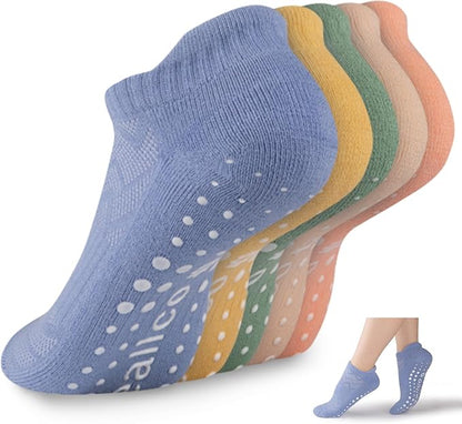 eallco Pilates Socks with Grips for Women Non Slip Yoga Grippy Socks for Barre Barefoot Hospital Workout Cushioned 5 Pairs