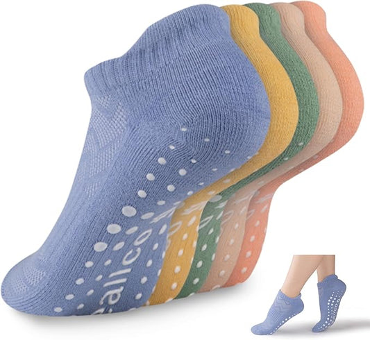 eallco Pilates Socks with Grips for Women Non Slip Yoga Grippy Socks for Barre Barefoot Hospital Workout Cushioned 5 Pairs