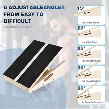 Adjustable Wooden Slant Board, 5 Angles (15°–35°) for Safe Stretching, Squats & Rehab – Anti-Slip top & Base, Durable 10-Layer Wood, Supports up to 400lbs for Home Gym & Recovery use