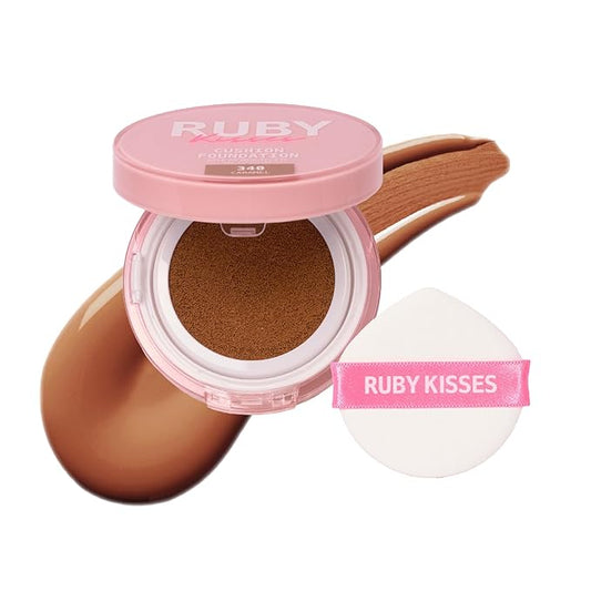 Ruby Kisses Cushion Foundation, Full Coverage Korean Makeup, Lightweight & Long Lasting, All Day Natural Glowy Finish for All Skin Types with Hyaluronic Acid & Bakuchiol (Caramel, 0.52 Ounce)