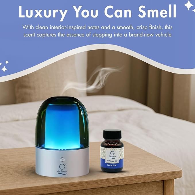 G's Breeze Smart Aroma Diffuser with 60ml New Car Scent Refill - Bluetooth & Wi-Fi App Control - LED Lighting & Adjustable Intensity - Long-Lasting Leather Automotive Fragrance for Home or Office