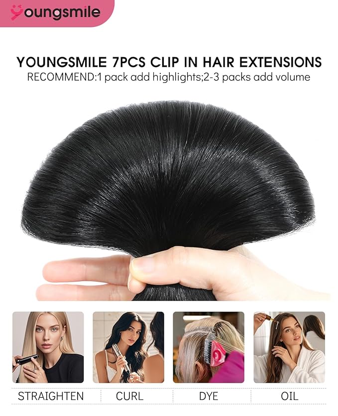 Youngsmile Clip in Hair Extensions Human Hair,Real Human Hair Extensions Clip in for Women,Double Drawn, Thick End, 16 Inch 140g 7pcs,#1 Color Jet Black (7C#1-16Inch)