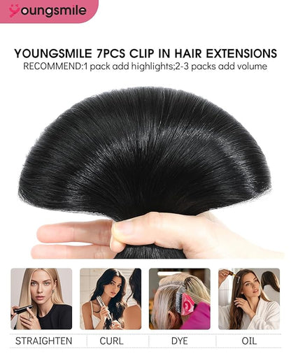 Youngsmile Clip in Hair Extensions Human Hair,Real Human Hair Extensions Clip in for Women,Double Drawn, Thick End, 16 Inch 140g 7pcs,#1 Color Jet Black (7C#1-16Inch)