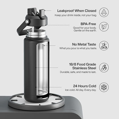Insulated Water Bottle with Straw Stainless Steel Water Bottle, Leak-Proof, BPA-Free, Double Wall Vacuum Keeps Cold for 24 Hours for Sports, Travel, School (32 oz, Black Night)