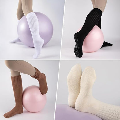 COOVAN Grip Pilates Socks for Women 3 Pairs Yoga Slouch Crew Long Scrunch Slipper Socks for Barre Ballet Dance Hospital