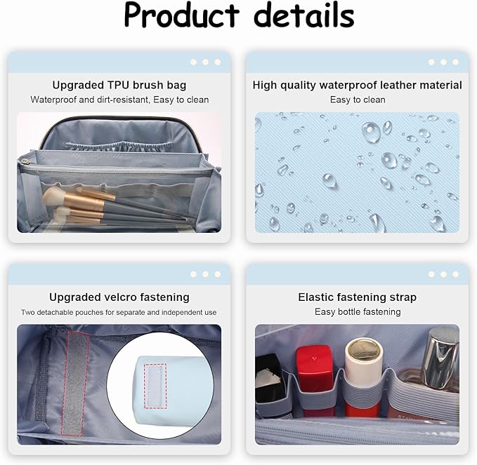 BOYATU Travel Makeup Bag Organizer Cosmetic Bag: 3 Pcs Set Make up Bags for Women with Handle - Waterproof Vegan Leather Toiletry Bags Travel Essentials Pouch with Compartments (D-05-Blue)