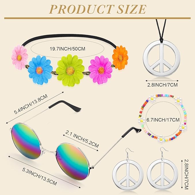 Batiyeer 6 Pcs Hippie Costume Accessories Set, Boho Peace Sign Daisy Flower 60s 70s Party Favors Decor for Groovy Party Women