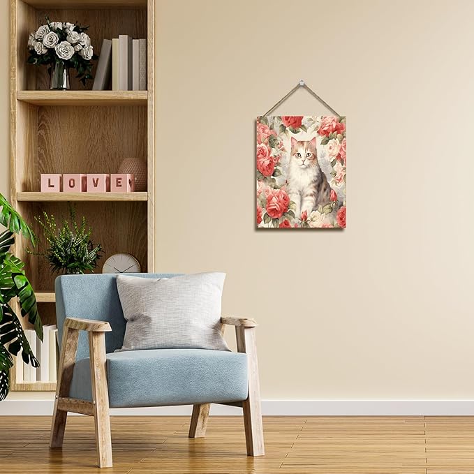 Cat Gift for Cat Lover Cat Mom Kitten Owner Pet Mom Hanging Plaque With Rope Home Wall Decor Wood Sign, Cat Floral Home Door Decor Wood Hang Sign for Pet Shop Kitchen Study Dining Room Bedroom -30