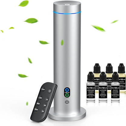 Waterless Diffuser, 1000 Sq.Ft Coverage, Essential Oil Diffuser with Tilt-Safe, Remote Control, Adjustable Mist Mode, Mood Lights Aromatherapy Diffuser for Home, Large Room, Office, Hotel, Silver