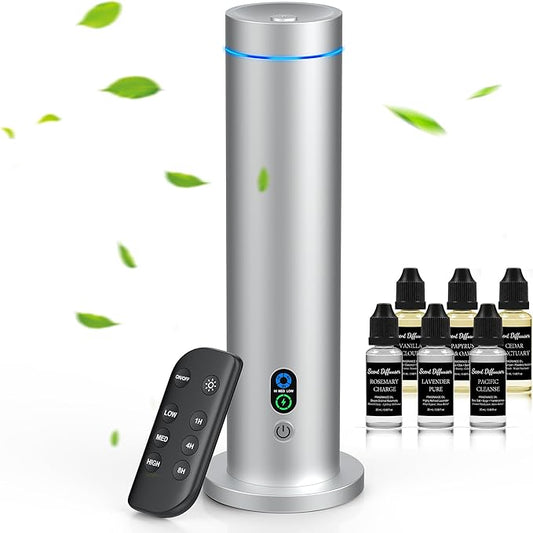 Waterless Diffuser, 1000 Sq.Ft Coverage, Essential Oil Diffuser with Tilt-Safe, Remote Control, Adjustable Mist Mode, Mood Lights Aromatherapy Diffuser for Home, Large Room, Office, Hotel, Silver
