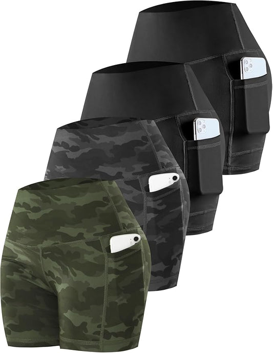 CHRLEISURE Womens Biker Yoga Shorts with Pockets: High Waisted Tummy Control Spandex Workout Athletic Gym Shorts 4 Packs