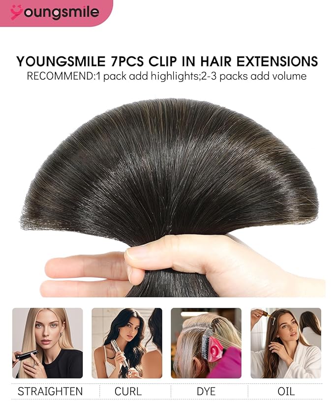 Youngsmile Clip in Hair Extension Real Human Hair Balayage Black Ombre Dark Brown with Caramel Brown Clips on Hair Extension, Natural Human Hair, 14Inch 140 Grams 7 Pieces (7C#1B/4/27-14Inch)