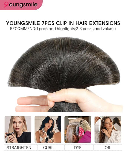 Youngsmile Clip in Hair Extensions Real Human Hair, Remy Human Hair Extensions Clip in,Balayage Black Ombre Dark Brown with Caramel Brown, 160 Gram For Women 7 Pieces 22inch (7C#1B/4/27-22Inch)