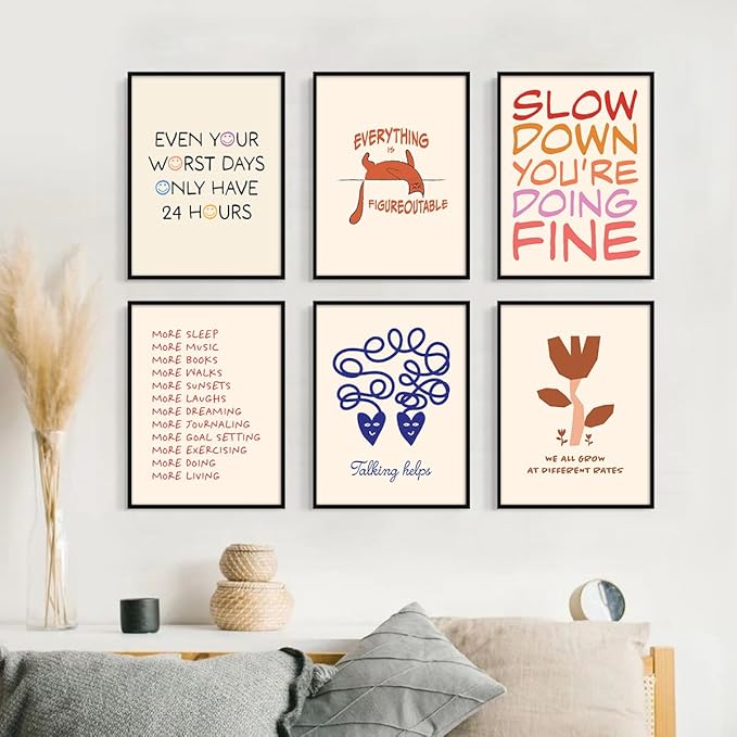 6pcs Mental Health Canvas Wall Art, Everything Is Figureoutable Mindfulness Poster, We All Grow At Different Rates Positive Print, More Sleep More Music Self Care Wall Decor 12x16in Framed