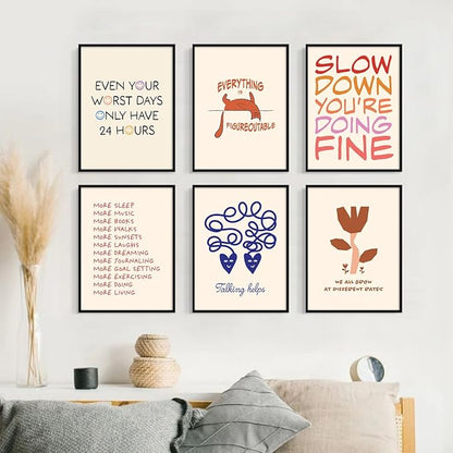 6pcs Mental Health Canvas Wall Art, Everything Is Figureoutable Mindfulness Poster, We All Grow At Different Rates Positive Print, More Sleep More Music Self Care Wall Decor 12x16in Framed
