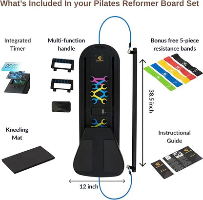 7-in-1 Pilates Reformer Board, Portable Pilates Board Foldable Pilates Reformer Equipment with Timer for Home Workouts with Resistance Bands Core Glider Push-Up Handles Balance Trainer Pilates Machine