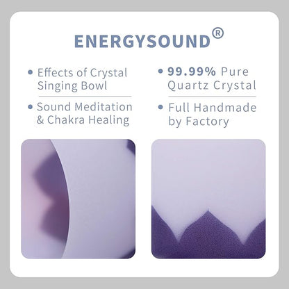 ENERGYSOUND 432Hz A 3rd Eye Chakra Lotus Frosted Quartz Crystal Singing Bowl 7 inch with Lotus Design mallet and o-ring included