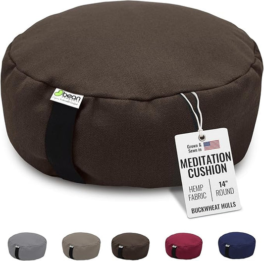 Bean Products Hemp Zafu Meditation Cushion for Sitting on Floor, Hemp Yoga Pillow, Zafu Meditation Pillow, Zen Seiza Kneeling Prayer Pad Support - Made in USA - Round Cocoa